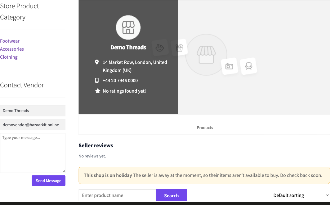 The same store page with no products and a notice reading “This shop is on holiday — the seller is away at the moment, so their items aren’t available to buy”