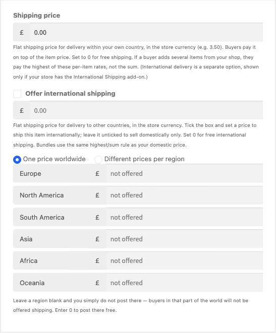 The same product editor with an “Offer international shipping” checkbox, a worldwide-or-per-region choice, and price fields for Europe, North America, South America, Asia, Africa and Oceania