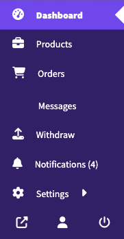 The same vendor dashboard menu with a Notifications item added, showing a count of unread notifications