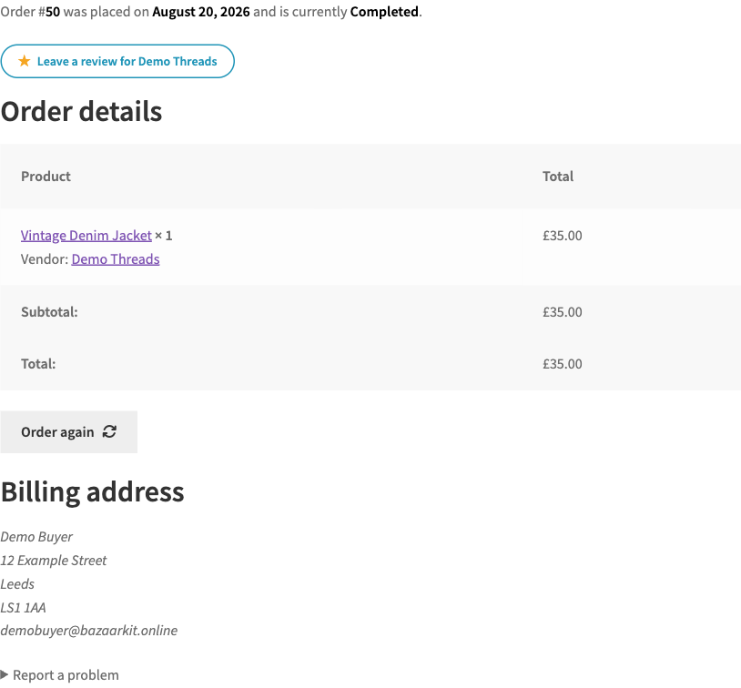 The same order page with a “Leave a review for Demo Threads” prompt added near the top