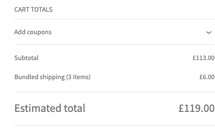 The same cart totals showing “Bundled shipping (3 items) £6.00”, the highest per-item rate from that vendor