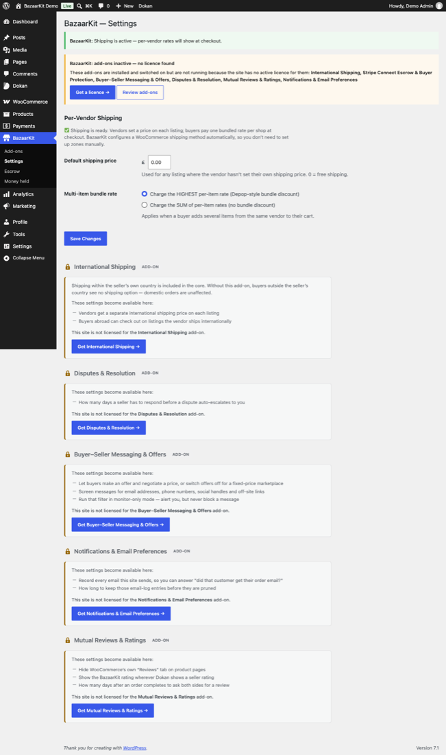 The BazaarKit settings screen on a site with no licences, showing padlocked sections for International Shipping, Disputes, Messaging, Notifications and Reviews, each listing the settings it would unlock