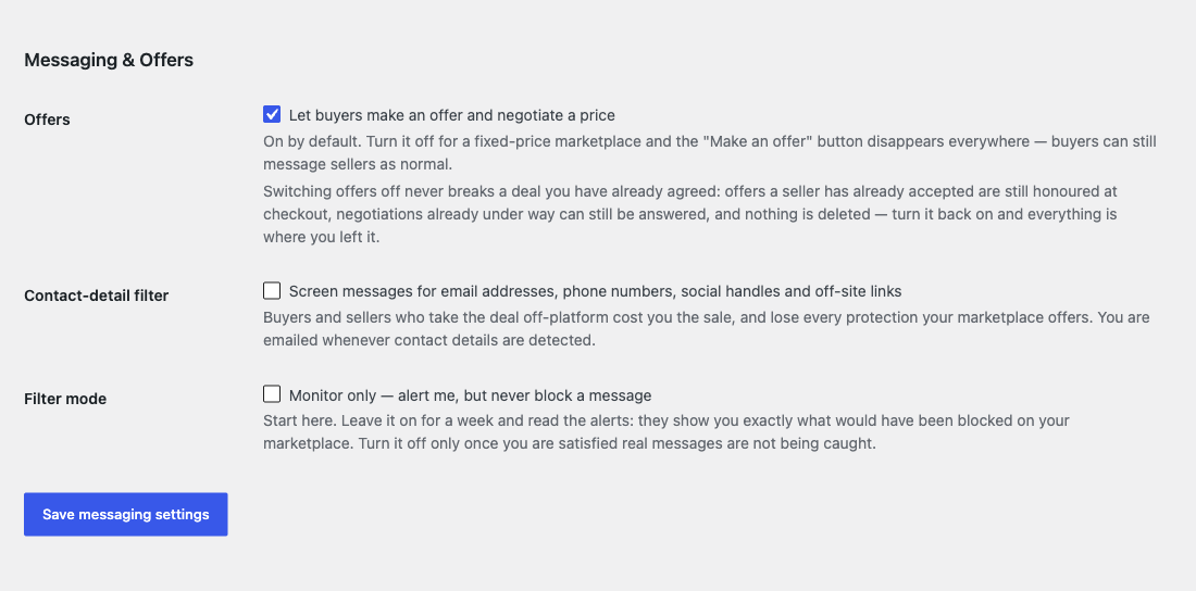 The BazaarKit Messaging and Offers settings section in WordPress admin, showing the offers checkbox, the contact-detail filter checkbox and the monitor-only filter mode