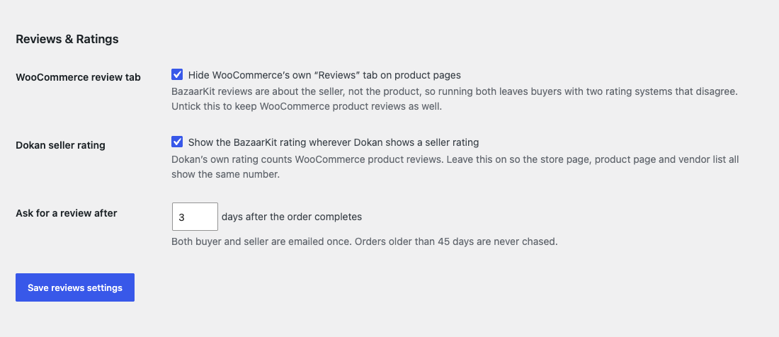 The Reviews and Ratings section of the BazaarKit settings screen, showing the WooCommerce review tab checkbox, the Dokan seller rating checkbox, and the field asking for a review after 3 days