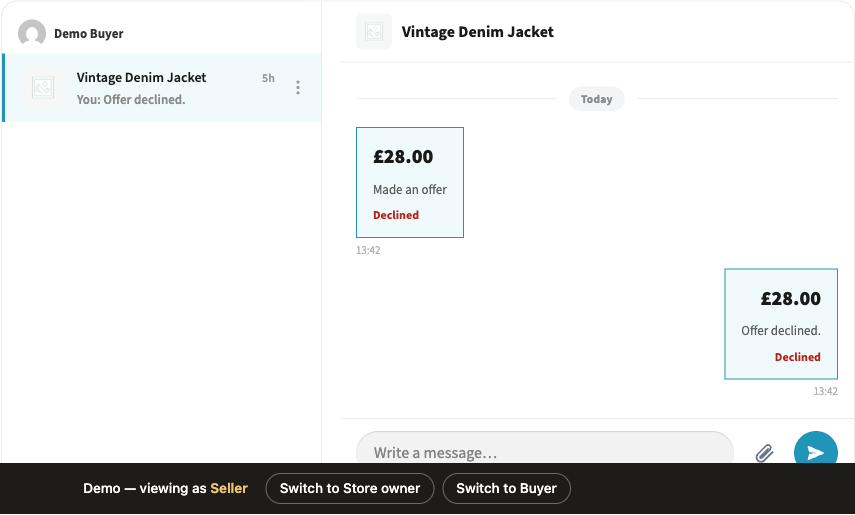 The BazaarKit inbox in the vendor dashboard, showing a conversation about a Vintage Denim Jacket with a declined £28.00 offer card, the message composer and the attachment paperclip